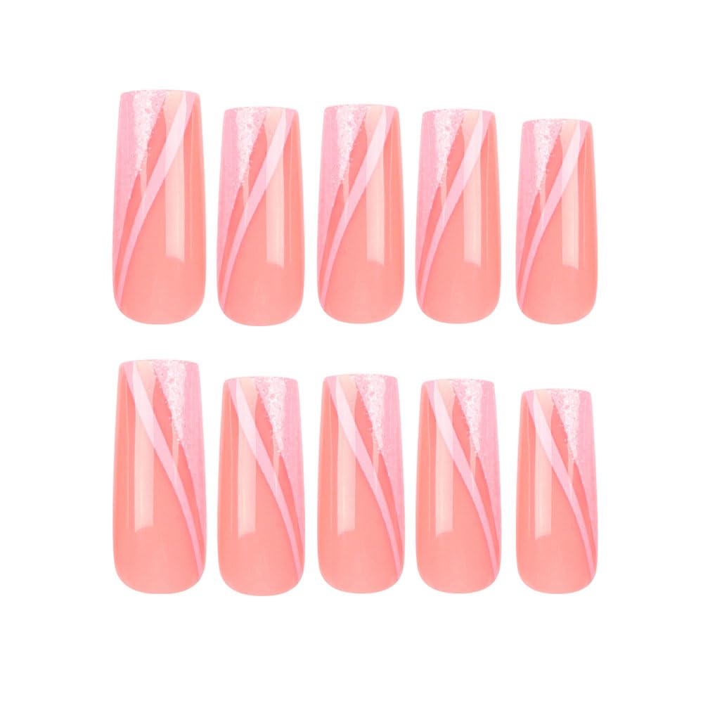 Pink Press on Nails Long Square BAOYAALIN, Cute Fake Nails with Glitter Design Gel Glue on Nails for Women Girls Full Cover Acrylic Artificial False Stick on Nail for Wedding 24Pcs in 12 Sizes