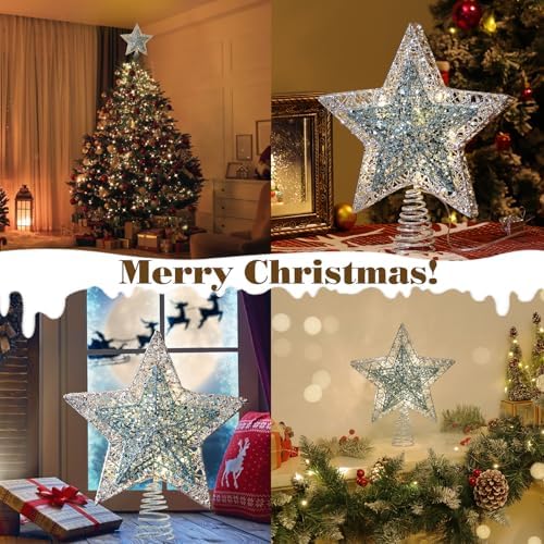 Lewondr Lighted Christmas Star Tree Topper with Remote & Timer, Blue&Silver