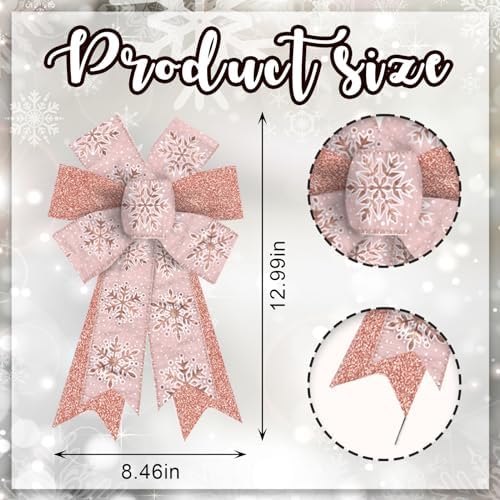 2PCS Christmas Bow for Wreath, Glitter Pink Snowflakes Wreath Bow for Christmas D??cor Winter Bow for Front Door Indoor Outdoor Wall Tree Topper Decoration Supplies Xmas Hanging Ornament