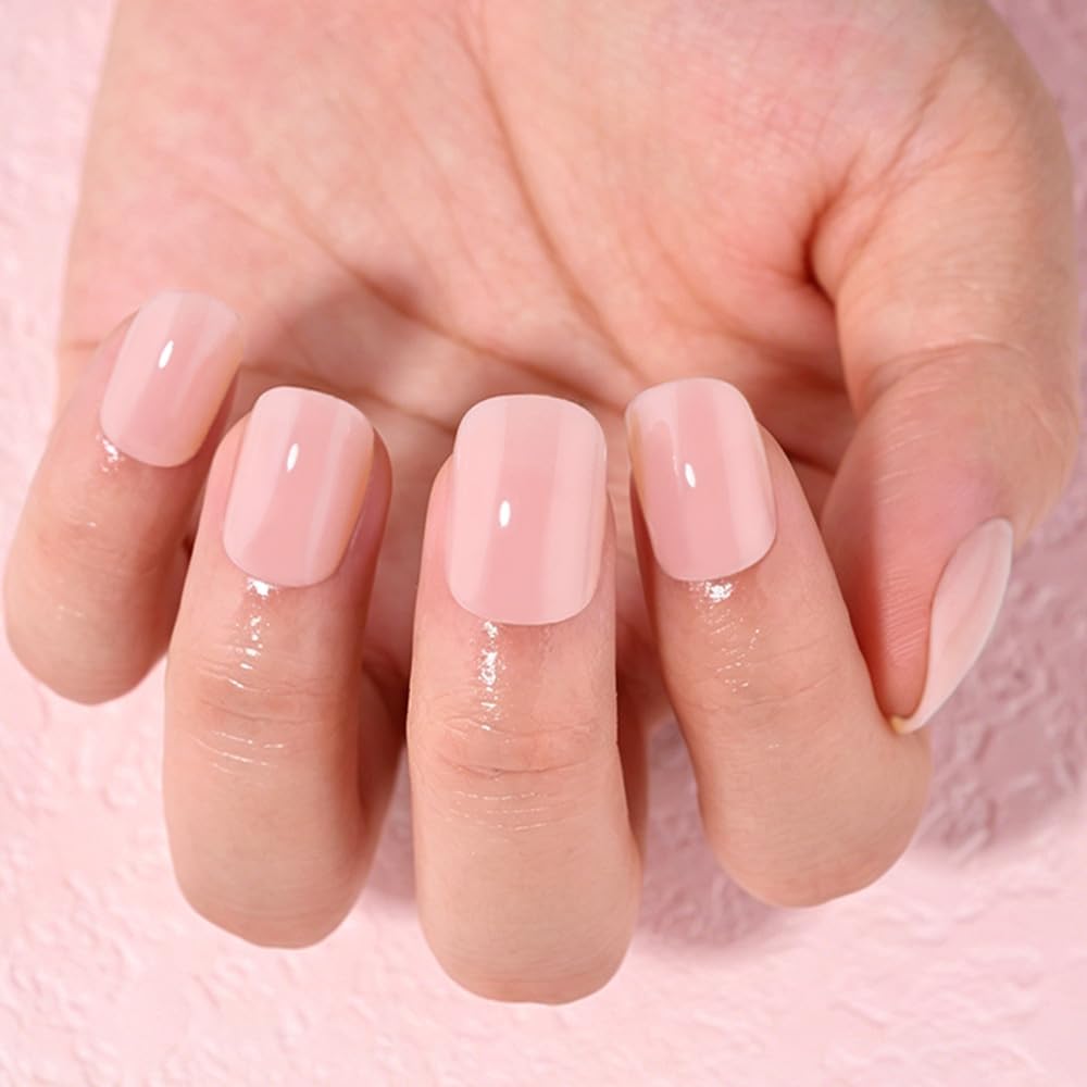 evpct Nude Pink Glossy Squoval Short Press on Nails for Women, Nude Pink Extra Short Squoval No Glue Stick on Nails with Kit, Reusable Full Cover Soft Press on Fake Nail Salon-quality Perfectly Fit