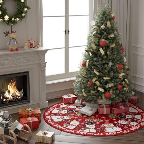 XCHI Red Let it Snow Snowman Rattan Winter Christmas Skirt Christmas Party Decorations for Home Xmas Holiday Winter Indoor Decro 36 Inch