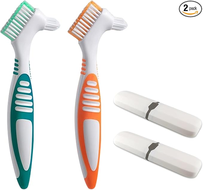 Denture Toothbrush Set, Portable Dual Head Denture Brush with Cover Case, Denture Cleaning Tool Set for Travel, Home and Camping, Dental Cleaning Brush Set for Denture Care False Teeth Cleaner Tool