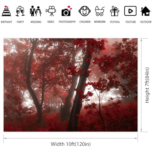 10x7ft Fall Maple Leaves Backdrop Autumn Scenery Misty Red Maple Forest Photography Background Natural Landscape Maple Trees Thanksgiving Party Kids Adults Travel Decor Banner Photo Props - size: 10x7ft