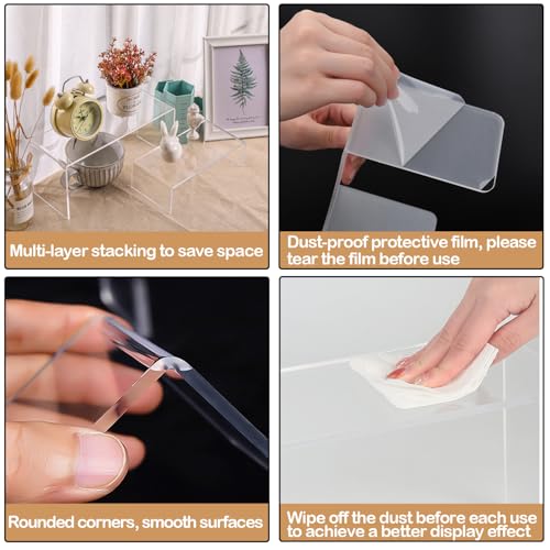 MerryNine Acrylic Risers Display Stands, 8 Pcs 2 Set Clear Acrylic Shelves, Plastic Display Risers for Retail, Vinyl Figures, Cupcake, Jewelry, Dessert Display, No Assembly, Scratch-Resistant (Rectangular-4mm-8pcs)