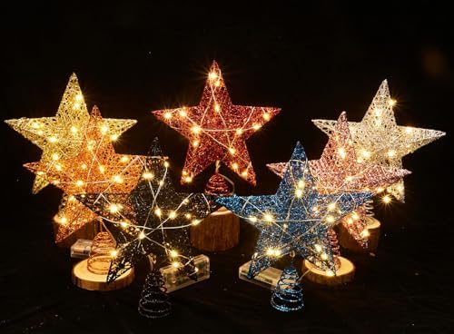 Emopeak 20 LED Christmas Tree Topper, 8 x 10 Inch Indoor Iron Art Star Treetop Light, Two Modes (Keep Light ON/Flash) (Blue, 8"/20CM)