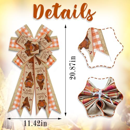 Large Fall Bows for Wreath, Thanksgiving Gnomes Pumpkin Wreath Bows Orange Buffalo Plaid Bows for Front Door, Farmhouse Ornament Burlap Tree Topper Bows for Fall Indoor Outdoor Decoration