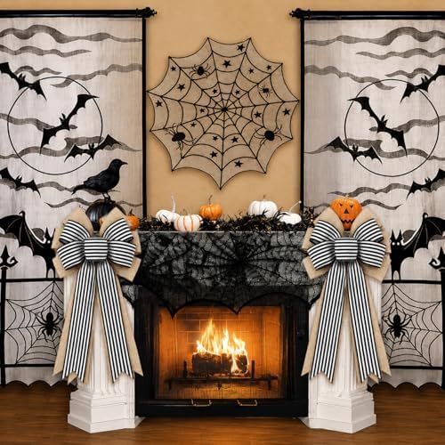 2 Pcs Black and White Striped Burlap Wreath Bows, Large Farmhouse Hanging Bows with Wired Edge, Decorative Bow for Front Door Wreath, Porch, Wall, Stair Rail, Halloween, Wedding, Christmas Decor