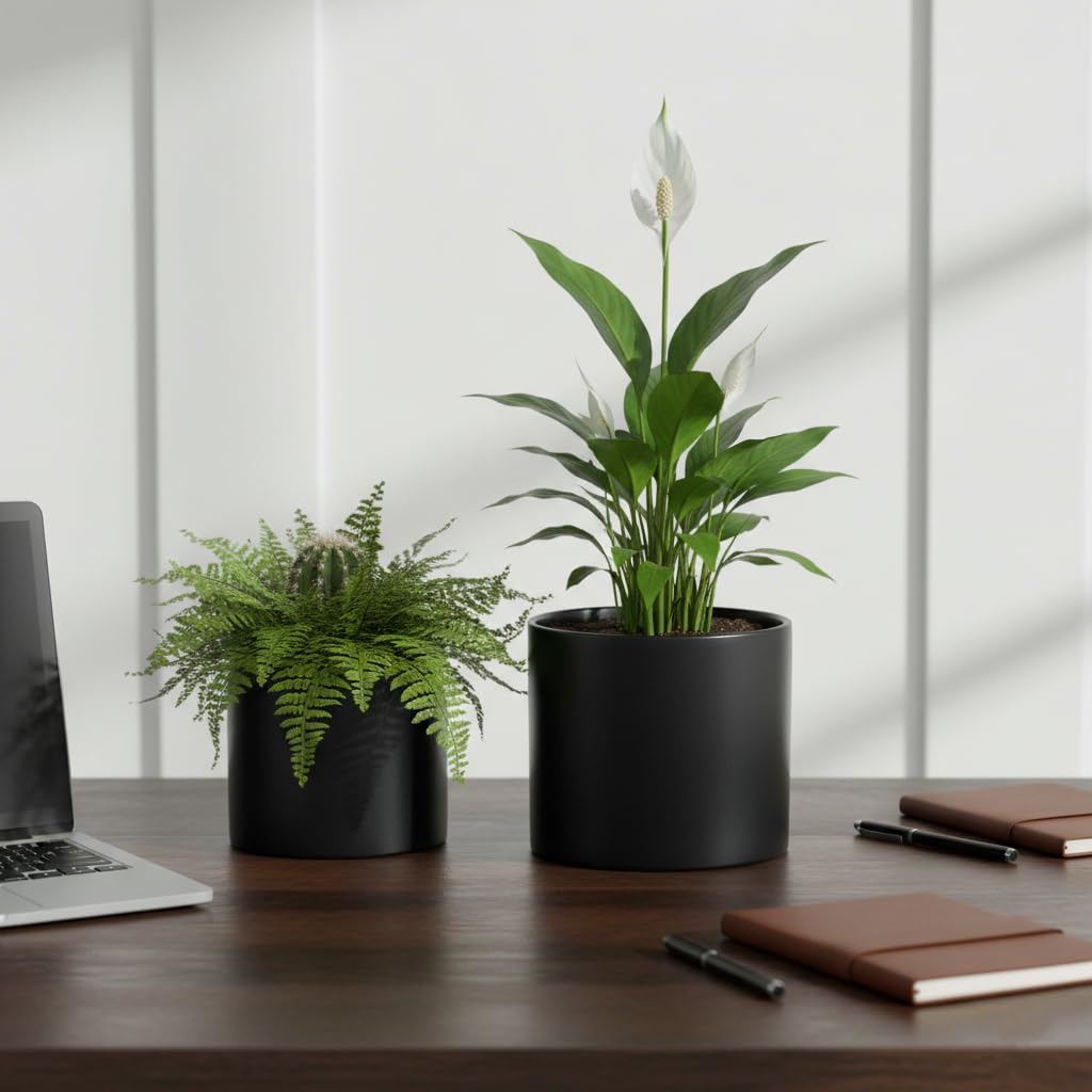 Nihow Flower Pot - 5 & 7 Inch Ceramic Planter Pots for Indoor Plants - Herbs/Snake/Succulent/Orchid Cylinder Plant Pot - Matte Black (Set of 2) - Plants not Included