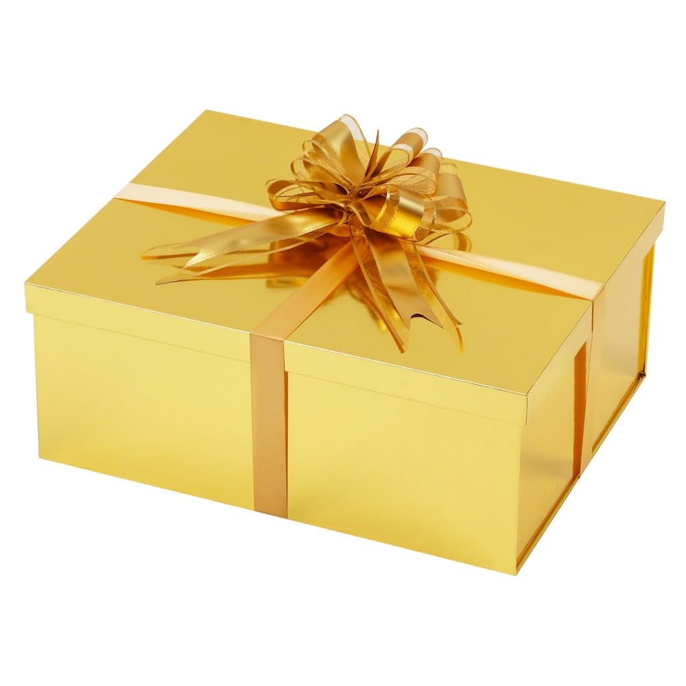 UoeRing Gold Large Gift Box 1Pcs 15x12x6 inch,luxury Gift Box with Lid for Birthday Christmas Valentine's Day Mother's Day (Includes Pull Bows,Card,Envelope,Filler)
