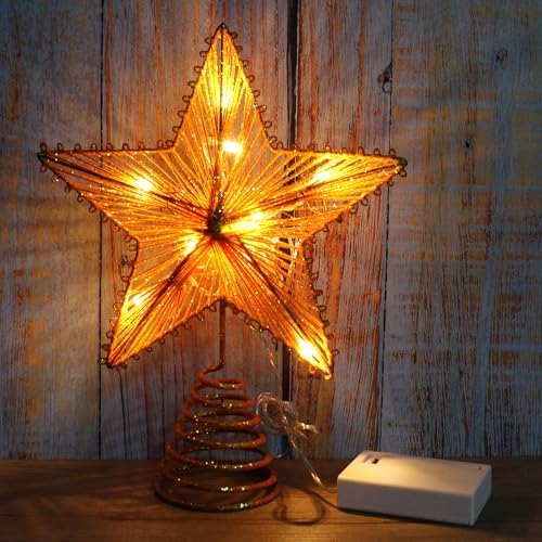 CVHOMEDECO. Champagne Gold Glittered 3D Tree Top Star with Warm White LED Lights and Timer for Christmas Tree Topper Decoration and Holiday Seasonal Décor, 8 x 10 Inch