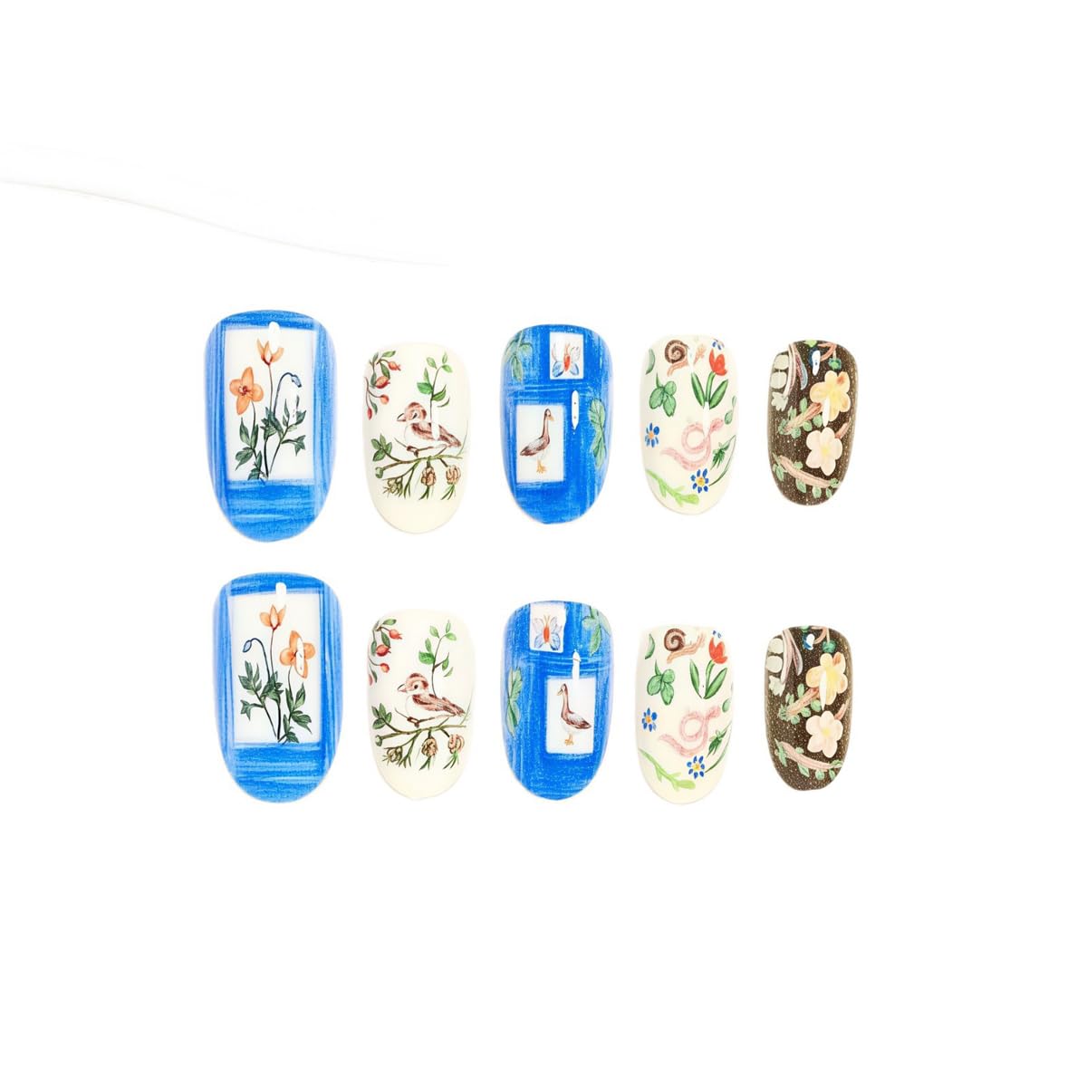 Spring Short Press on Nails Oval - Animal with Flower Design, Oil Painting Style Full Cover Glossy Fake Nails 24PCS for Women Manicure