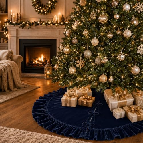 Christmas Tree Skirt,Velvet Tree Skirt with Ruffled Edge, Classic Large Velvet Fur Plush Tree Skirt for Merry Christmas(Nevy,36Inch)