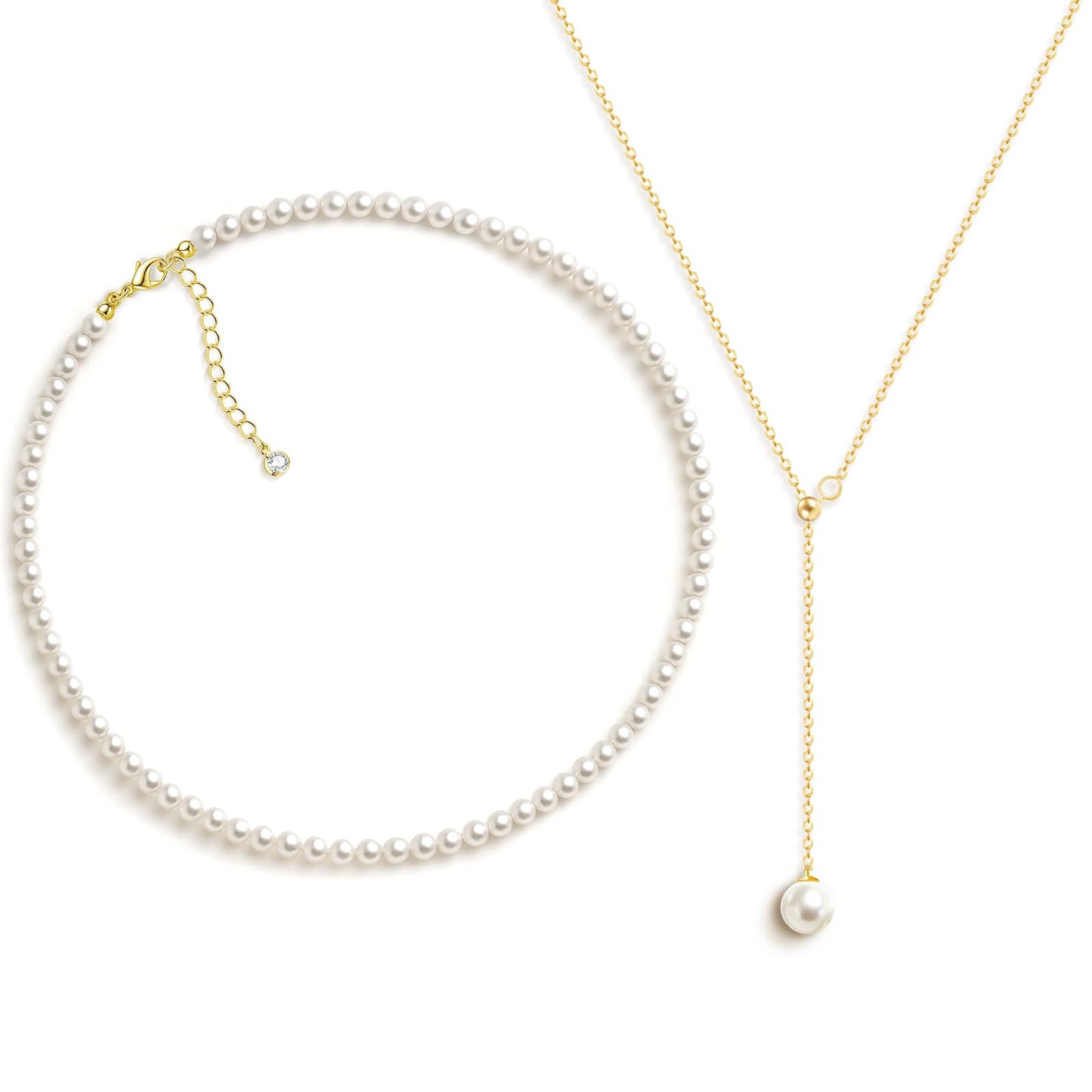 Zeffy Layered Long Pearl Necklaces Dainty Gold Pearl Lariat Necklace Stack Prom Drop Dangle Statement Adjustable Trendy Simple Pearls Choker Y-Shaped Chain Wedding Women's Jewelry Set Gift