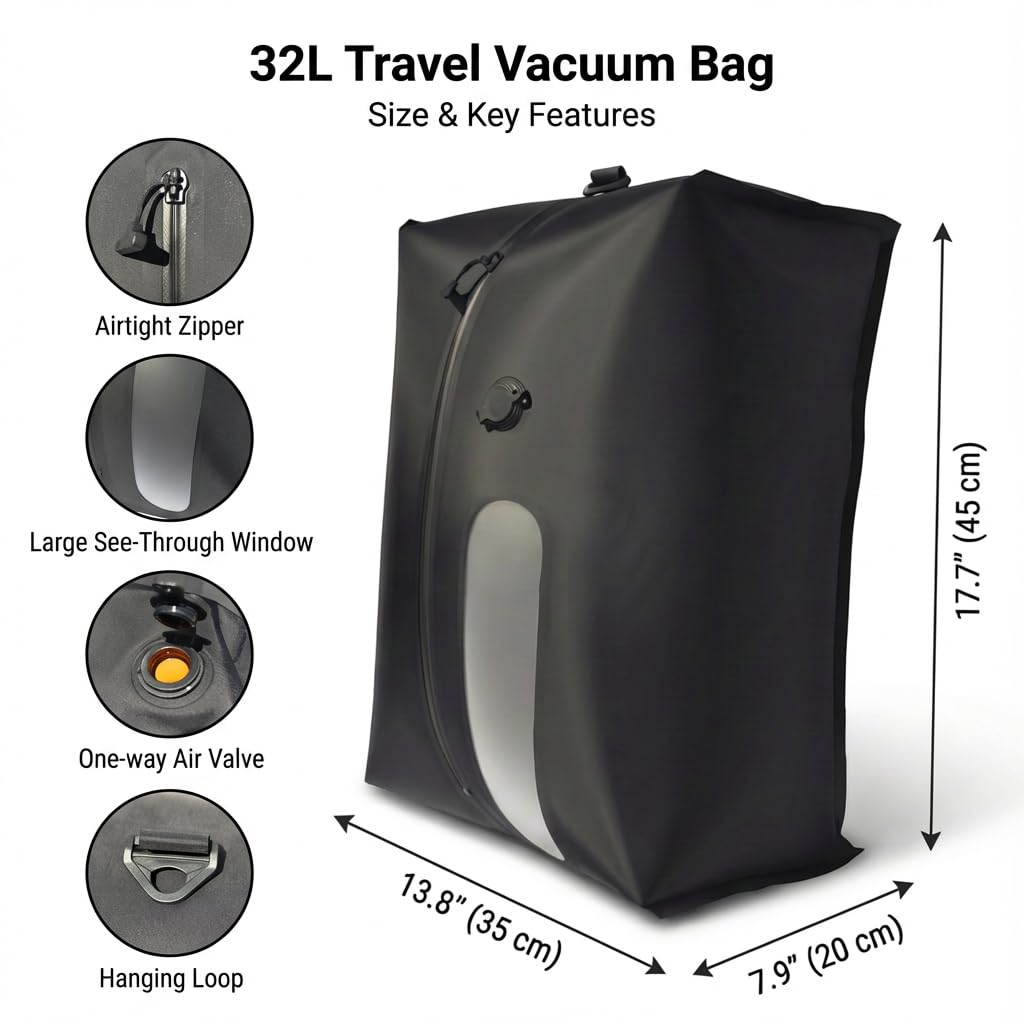 WEWEMUX Travel Vacuum Compression Bag for Clothes, 32L Reusable Waterproof TPU Packing Organizer, Vacuum Bag for Suitcase & Carry-On, Fits Backpacks & Duffels (1 Bag, No Pump)