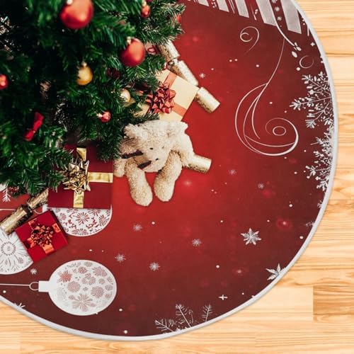 Christmas Tree Skirt 36" Winter White Snowflake Red Ball Xmas Tree Skirts Mat Round Pad for Happy New Year Holiday Party Supplies Rustic Ornaments Indoor Home Decor