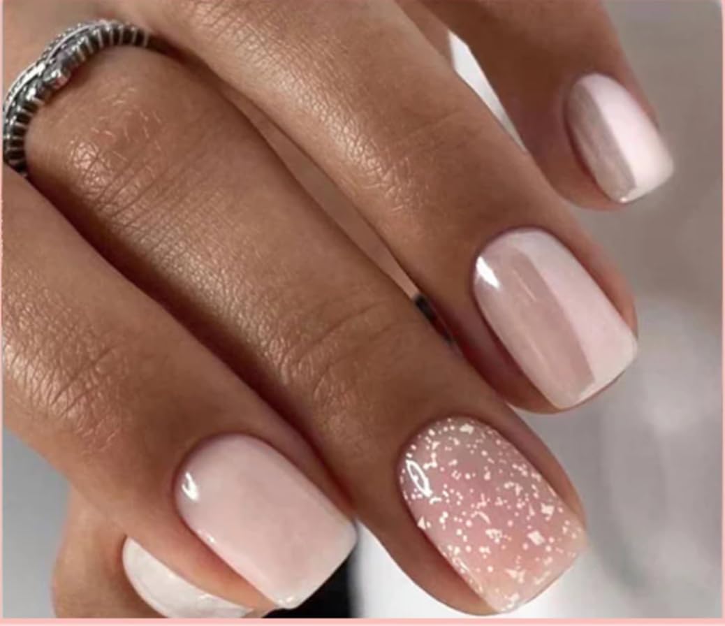 Curvlife Press On Nails Short Square Pink - Snowflake Glitter Press on Nails with Glue, White Snowflakes Sparkle Glossy False Nail Tips for Women Winter Christmas