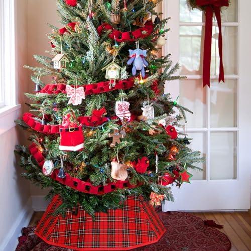 Blissun Fabric Christmas Tree Collar & Skirt, Willow Tree Ring for Christmas Decorations (Red & Black Plaid)