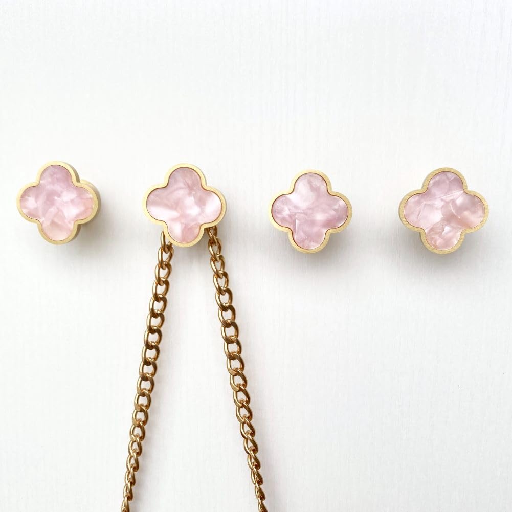 WIN CHAMP Solid Brass Decorative Wall Hooks, Coat Backpack Purse Screw-in Hangers, Wall Mounted Fancy Champagne Gold Hooks (Blossom Pink 4 Pack)