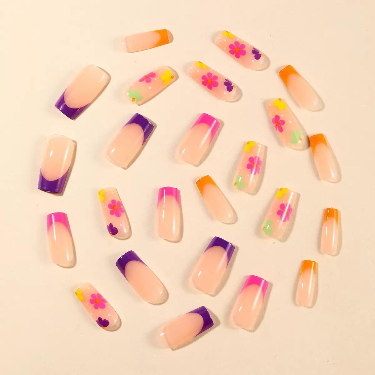 CTTHNBD Long Press on Nails Square - French Tip Fake Nails with Colorful Flower Design - Glossy Full Cover Stick on False Nails for Women - 24 Pcs