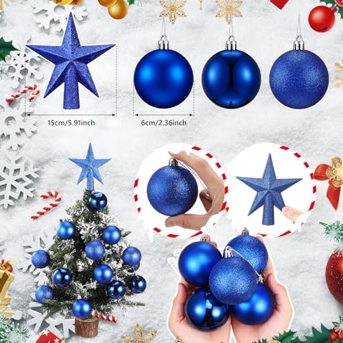 RoundFunny 25 Pcs Mini Christmas Balls Ornaments Set 2.36 Inch Christmas Day Ball Topper Star Tree Hanging Ornaments for Party Decoration(Blue)