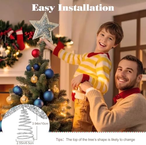Lewondr Lighted Christmas Star Tree Topper with Remote & Timer, Blue&Silver