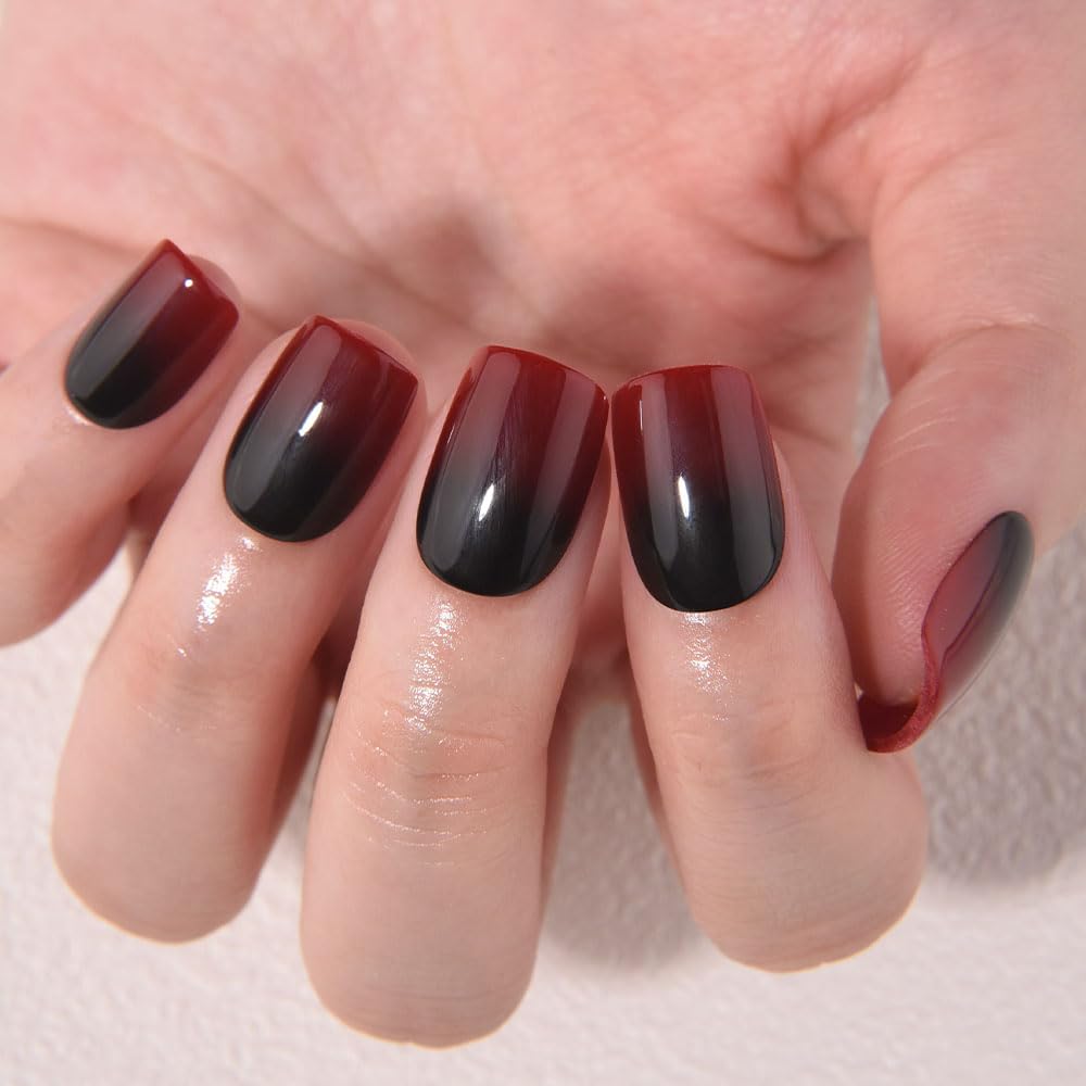 evpct Ombre Black to Red Press on Nails Extra Short, Petite Short Square Glossy Stick on Nails for Women Gift with Manicure Kit, Reusable Soft Gel Stick on Fake Nail with Ombre Designs Perfectly Fit