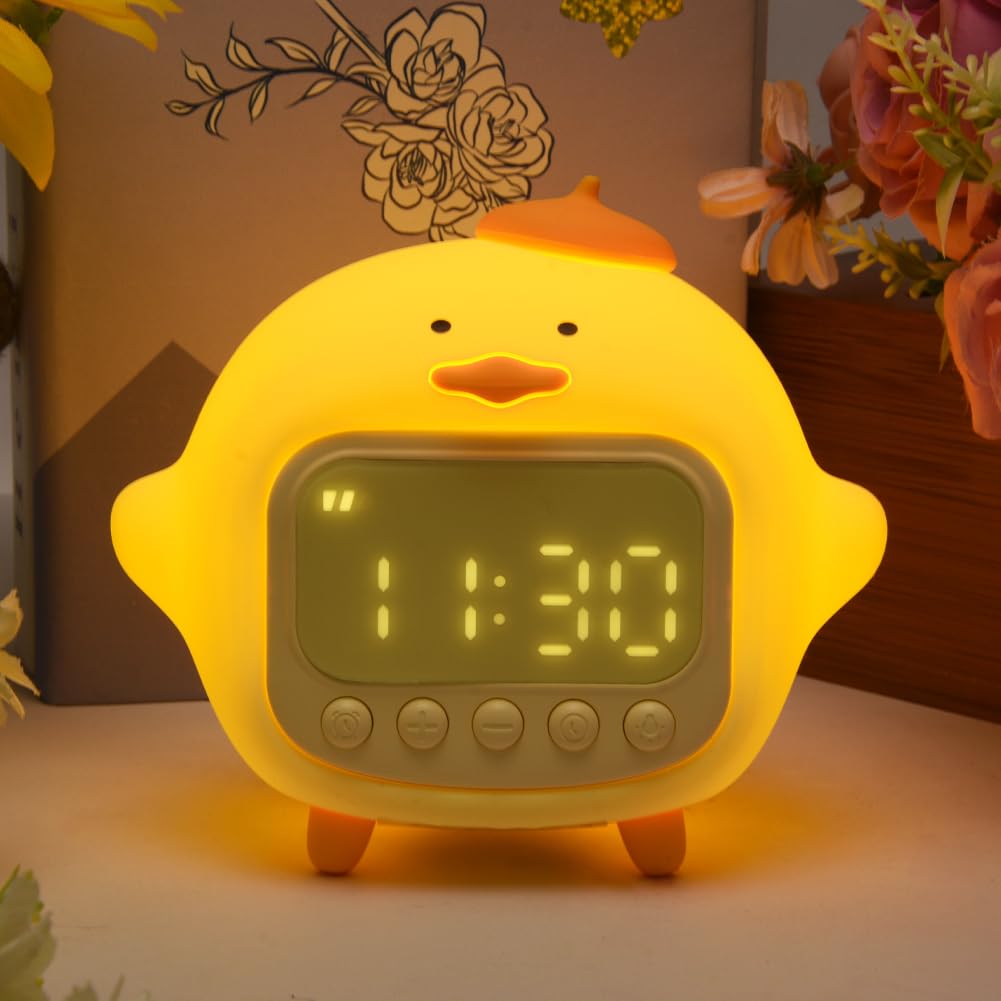 LVOERTUIG Cute Duck Alarm Clock for Kids, Digital Clock, Night Light, Children's Wake Up Lamp, Silicone Rechargeable Alarm Clock Lamp for Bedroom Decor, Birthday Gift (Yellow)