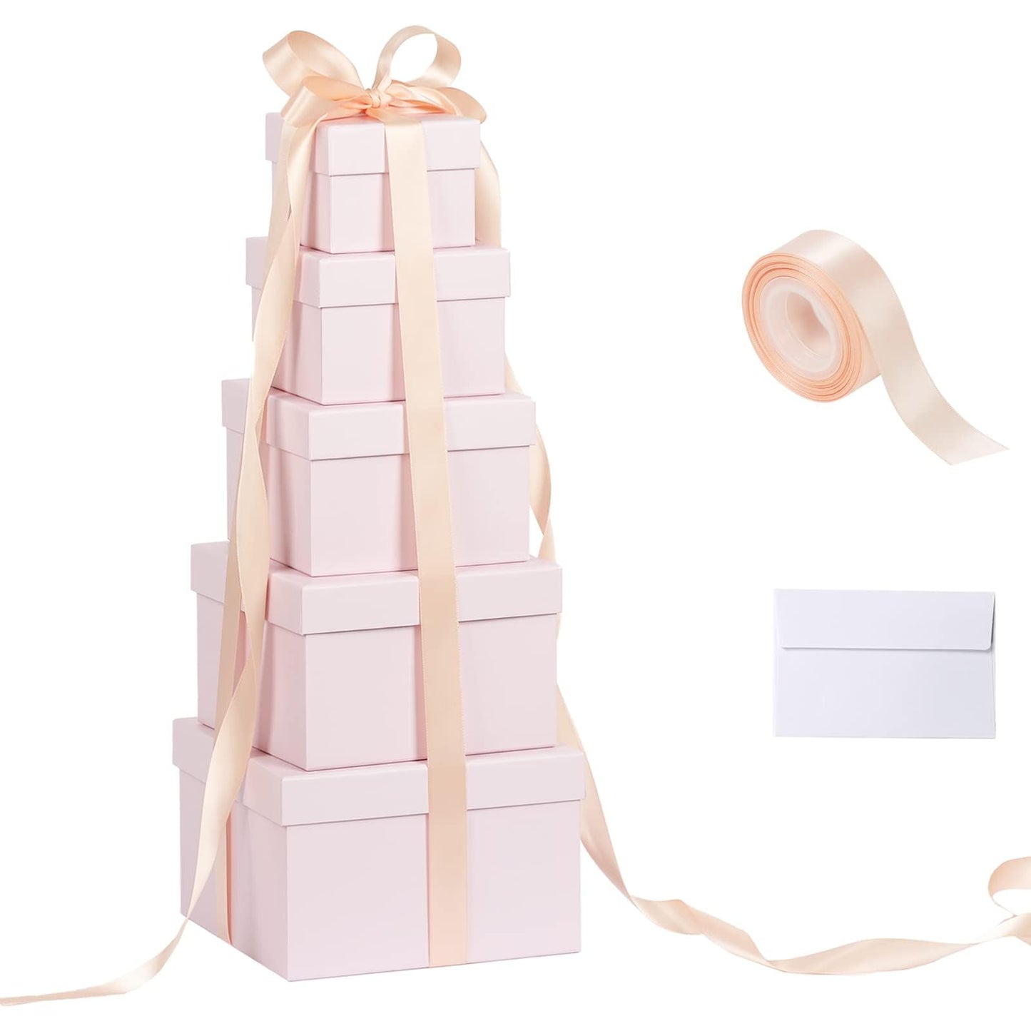 5 Pack Large Square Nesting Gift Boxes with Lids for Presents, 4"-8" Pink Stacking Gift Box with Ribbon Card for Wedding Birthday Party Valentine Christmas