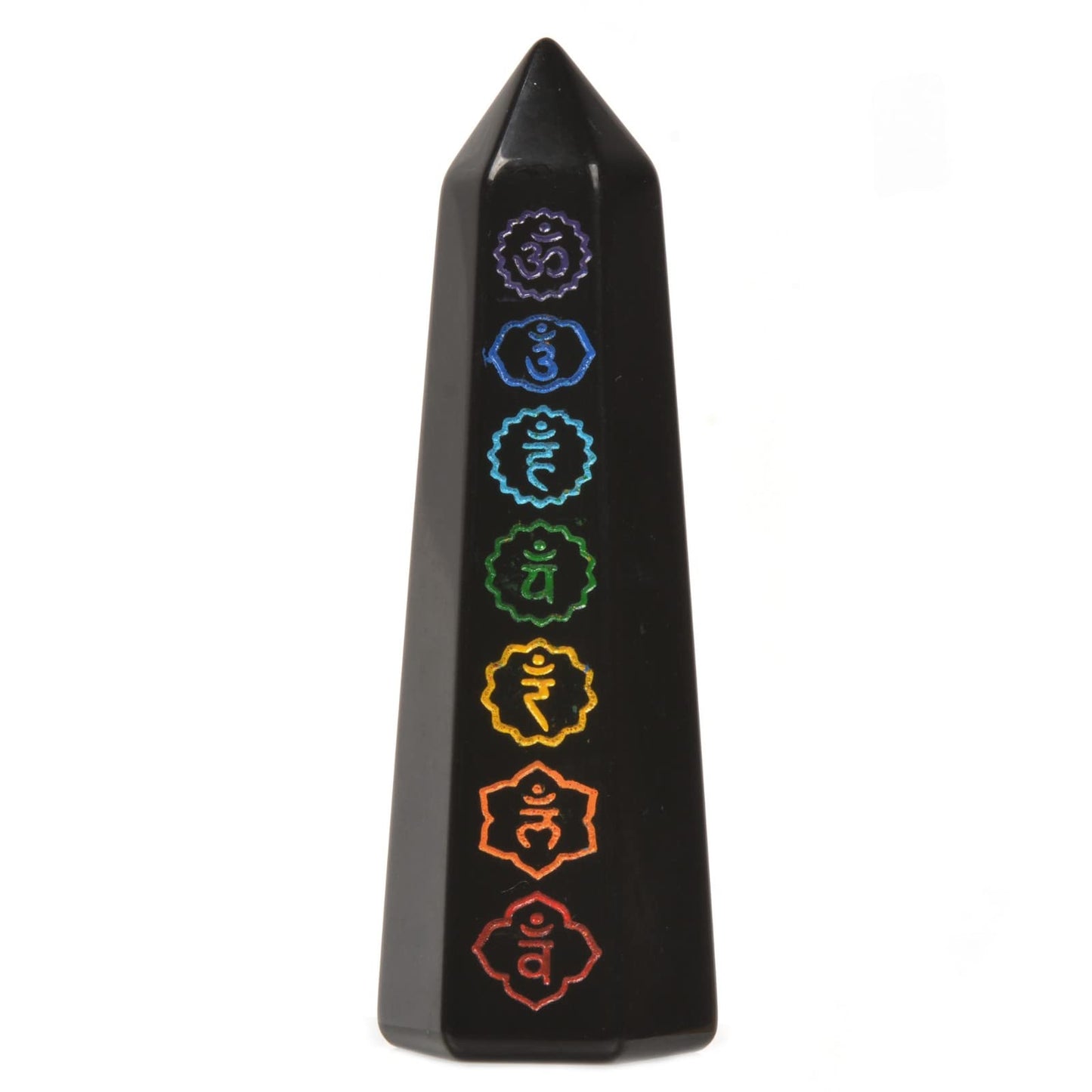 Black Obsidian 7 Main Chakras Seven Symbolic Sanskrit Text Crystal Tower Healing Crystal The Seven Chakras Wand For Spiritual Use Hexagonal Point Reiki Chakra Gemstone Home Office Decor
