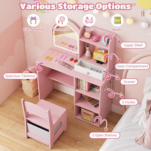 Costzon Kids Vanity with Lights, Girls Vanity Set with Mirror, Storage Drawer, Hooks & Shelves, Toddler Makeup Vanity Desk Dressing Table, Wooden Kids Vanity Table and Chair Set (Pink) - style: Pink with Open Shelves