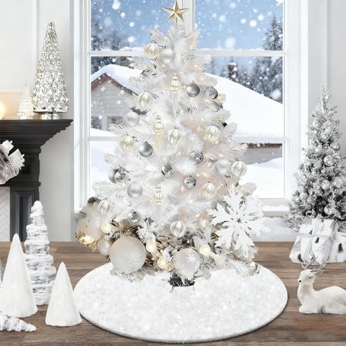 yuboo Mini White Velvet Tree Skirt 24 inch, Small Table Top Christmas Tree Skirt with Glitter Sequin for White Pearl Christmas Decorations