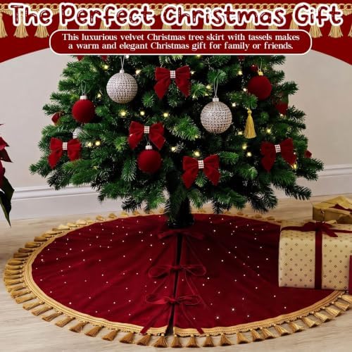Roowest 55 Inch Burgundy Christmas Tree Skirt Velvet, Round