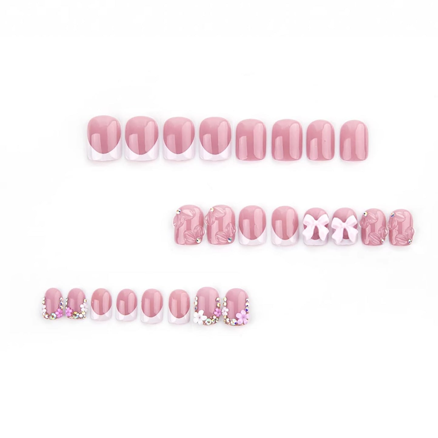 Pink Press On Nails Short Square Fake Nails With Bow Rhinestone Design French Nail Press Ons Embossed Bow Flower Acrylic Nails Glossy False Nail For Women