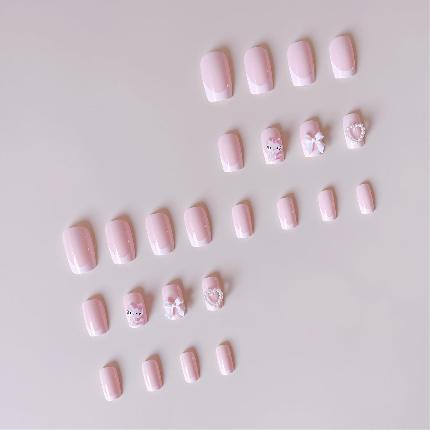 24Pcs White French Tip Press on Nails Short Square Fake Nails with Pearl Heart Designs Reusable Cartoon False Nails 3D Bow Acrylic Nail Cute Full Cover Glue on Nails for Women