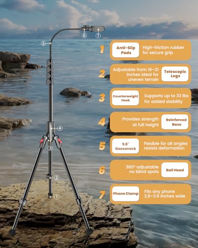 CAMBOFOTO 84" Phone Tripod, Tall Tripod Stand for Selfies with Flexible Gooseneck & Remote, Compatible with iPhone Android, Travel/Gopro/Ring Light/Webcam/Video Recording/Vlogging