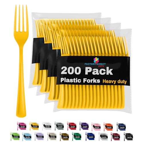 Party Solids Yellow Plastic Forks 200 Pieces Yellow Forks Disposable Utensils Heavy Duty Plastic Cutlery Set Disposable Cutlery Sets Flatware Sets Silverware Set Party Supplies & Party Tableware - color: Yellow