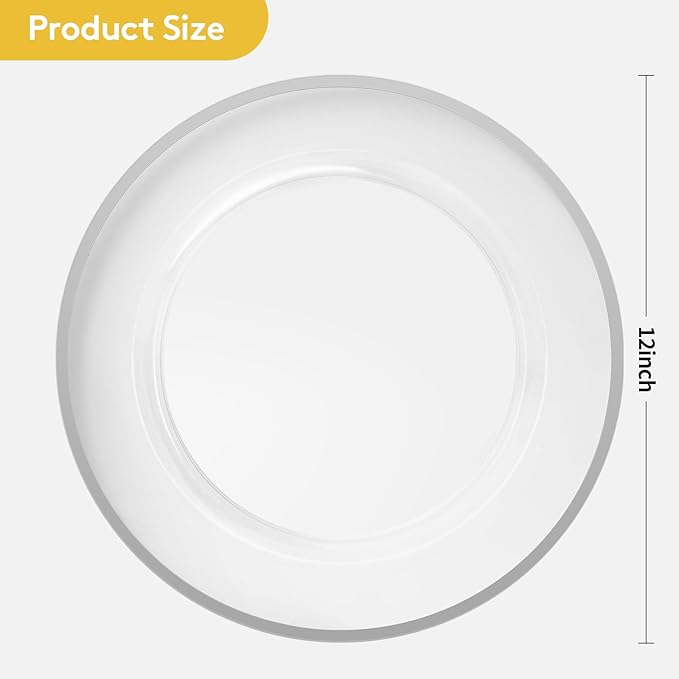 Goodluck 12 Inch Silver Charger Plates, 50 Pack Clear With Silver Trim, Disposable Plastic for Dinner, Wedding, Party