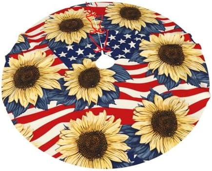 Flags with Sunflowers Christmas Tree Skirts 48", Xmas Tree Cloth Mats Trees Skirts for Decor Gift, Home Decoration