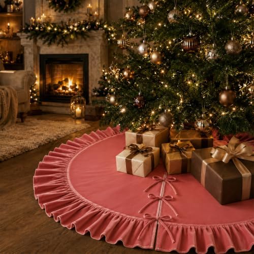 Christmas Tree Skirt,Velvet Tree Skirt with Ruffled Edge, Classic Large Velvet Fur Plush Tree Skirt for Merry Christmas(Rosered,60Inch)