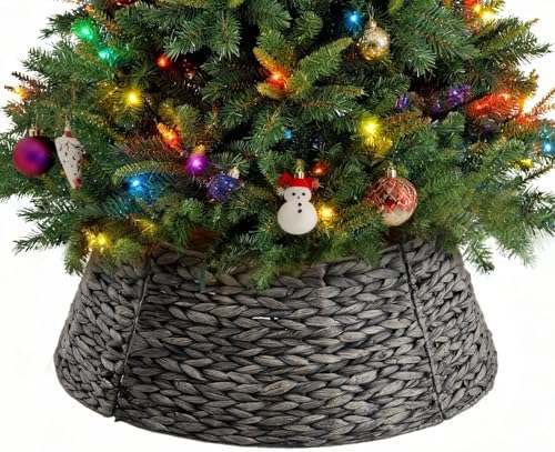 Sweetcrispy 24inch Christmas Tree Collar for 4.5-6ft Trees, Woven Hyacinth Rattan 4-Panel Collar w/Cord Access Hole & Easy Lock Design, Handwoven, Black