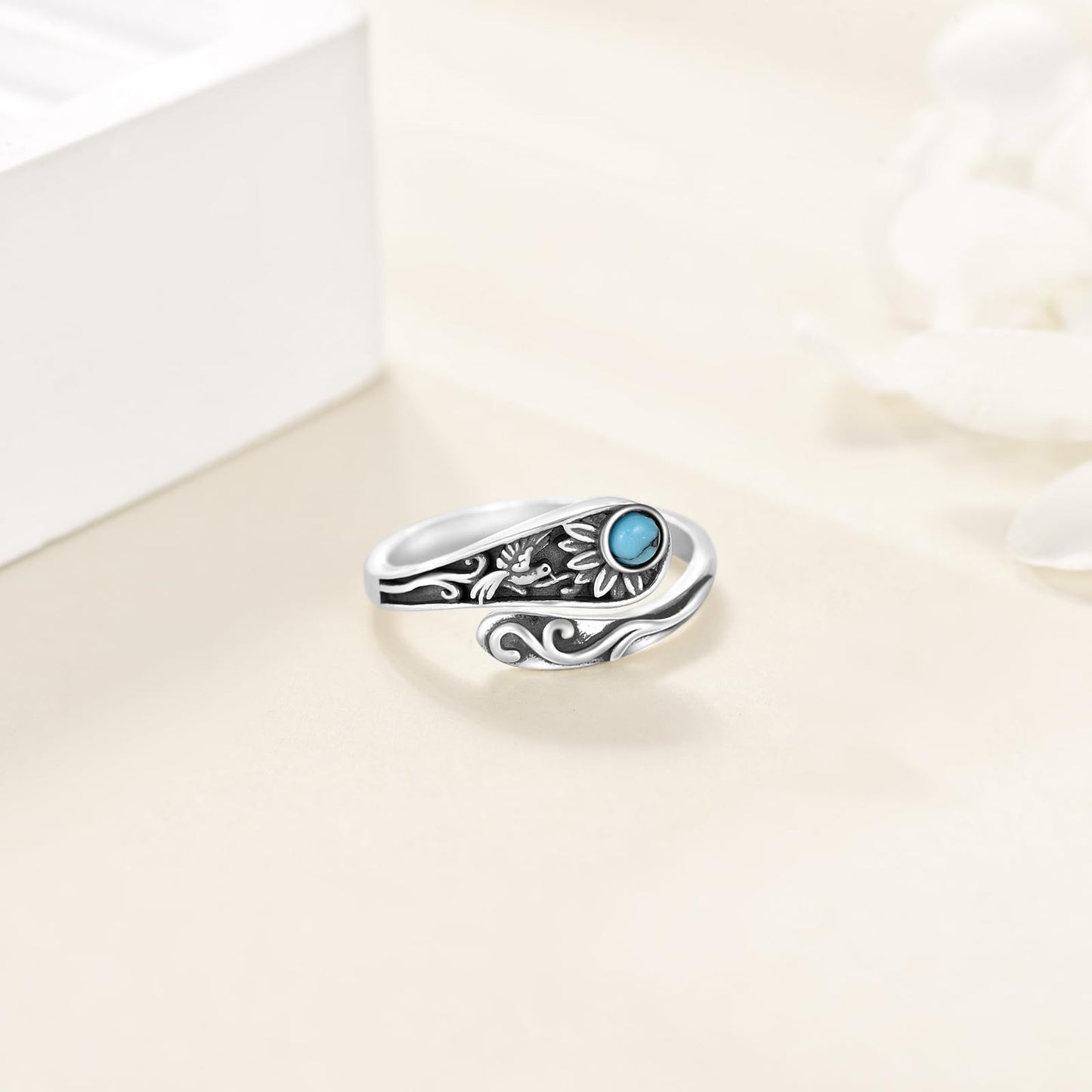 POPLYKE Sterling Silver Hummingbird Turquoise Spoon Ring Vintage Thumb Rings Boho Adjustable Open Ring Statement Jewelry Gifts for Women
