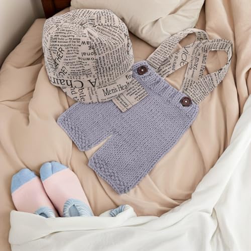 Newborn Photography Outfit Boy Newspaper Costume Set with Knitted Romper and Beret Hat Photoshoot Props for Newborn Photo Sessions