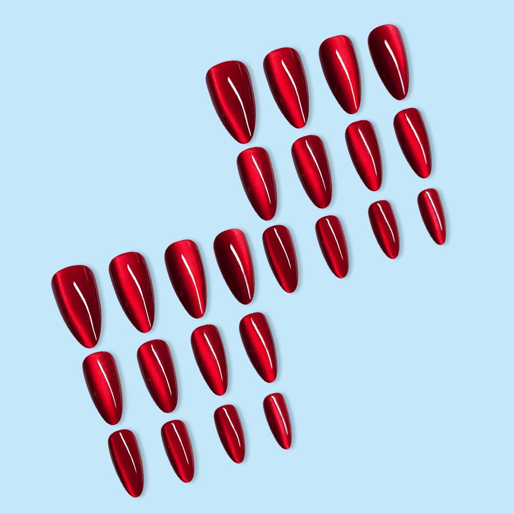 Cherry Red Sparkling Press on Nails Medium Almond Fake Nails Solid Red Color False Nails Reusable Glossy Artificial Nails Sparkly Shiny for Women Girls Daily Wear Manicure 24Pcs