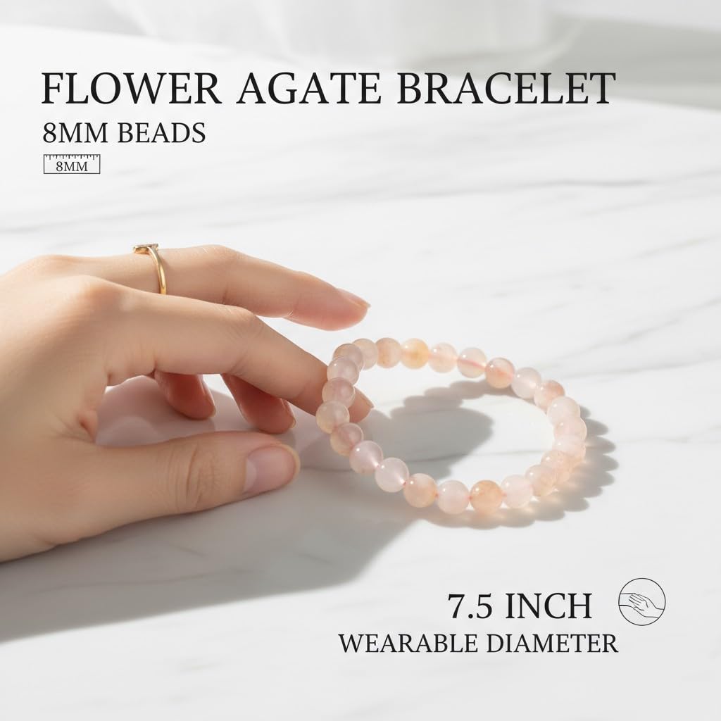 The Vida Handmade AAA+ Quality Crystal Stretch Elastic Bracelet - Nature Gemstone - Jewelry Gift - Holiday Gift - For Women & Men (Flower Agate)