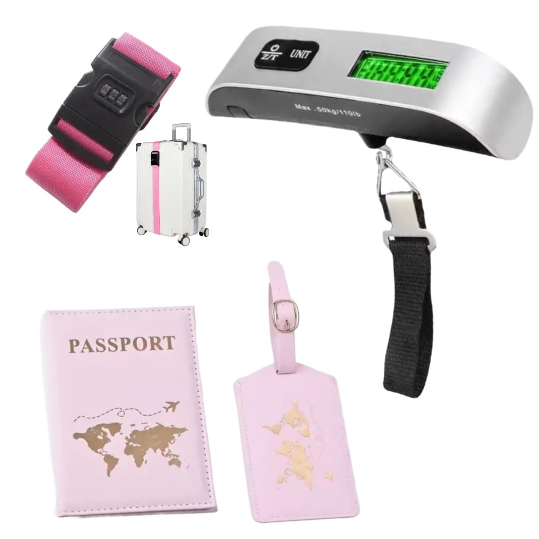 Travel Accessories Set, Passport Holder with Luggage Tag, Digital Scale 110lb, Suitcase Strap with Lock