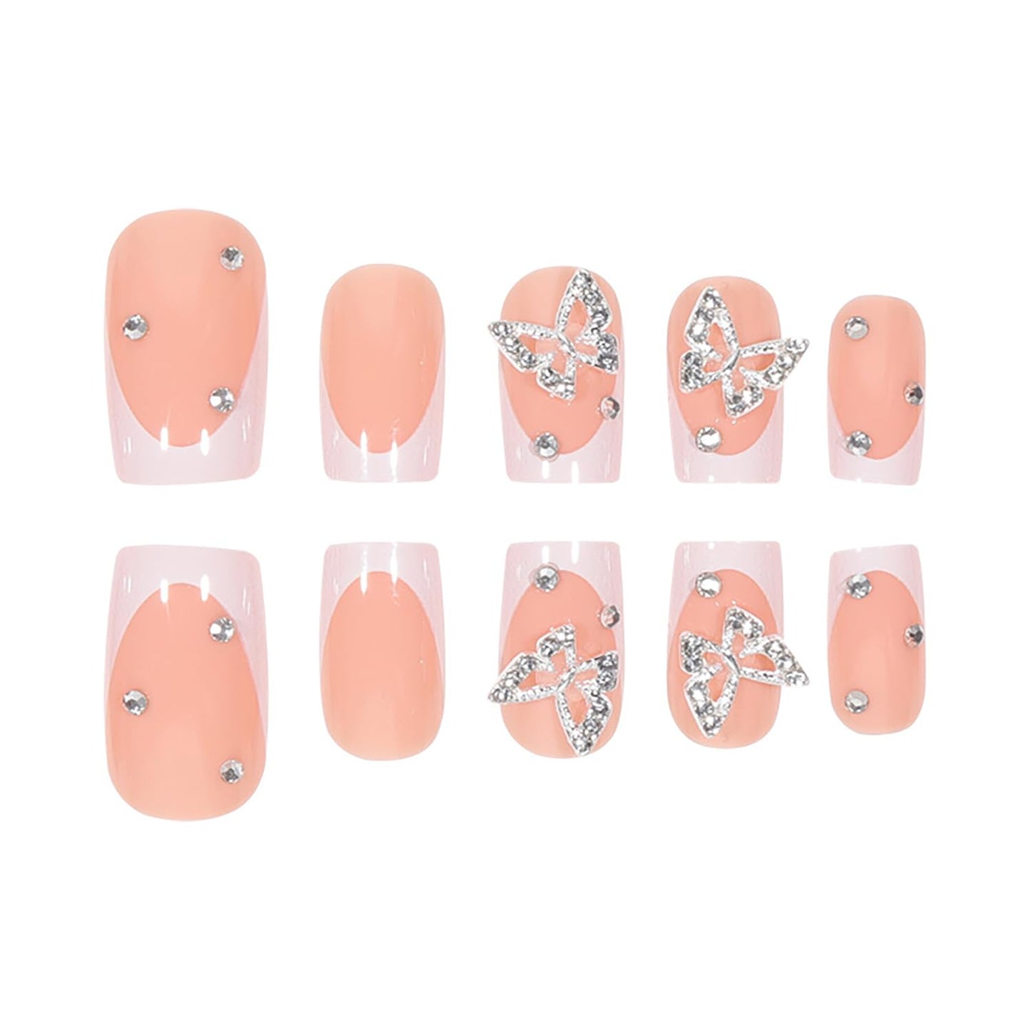 Press on Nails Extra Short Square MABKJLF French Tip Fake Nails Nude Full Cover Glue on Nails Rhinestones False Nails Butterfly Charm Acrylic Nails Stick on Nails Artificial Nails for Women Girls