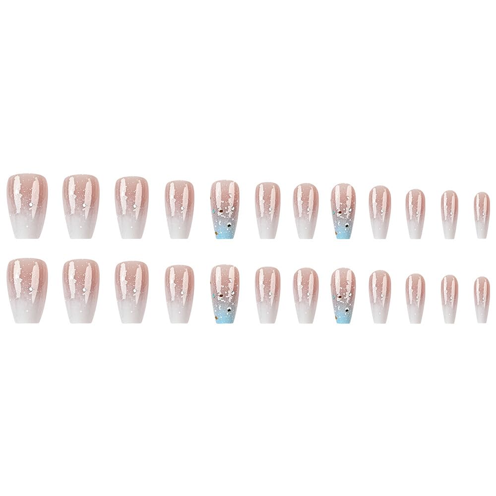 Square Press on Nails Medium Fake Nails Blue Ombre False Nails with Glitter Designs Polygon Sequins Acrylic Glue on Nails with Blue White Gradient Glitter Bling Stick on Nails for Women Girls 24 Pcs