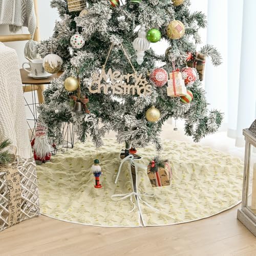 AVOIN colorlife Soft Plush Faux Fur Christmas Tree Skirt 36 Inch, Jacquard Beige Xmas Star Pine Trees Winter Holiday Mat Decoration