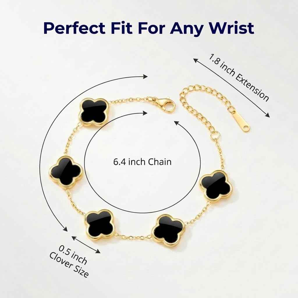 SHINYY Four Leaf Clover Bracelet for Women | 18K Gold Plated Cubic Zirconia Link Bracelet | 4 Leaf Lucky Jewelry Gift for Her (Black Gold Simple)