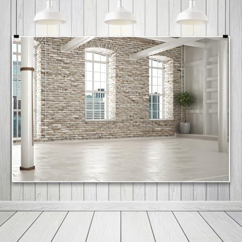 Yeele 7x5ft Modern Villa Backdrop for Photography Business Office Green Plant Brick Wall Empty Living Room Background for Online Meeting Video Conference Photo Studio Shoot Props Vinyl Wallpaper - size: 7x5ft